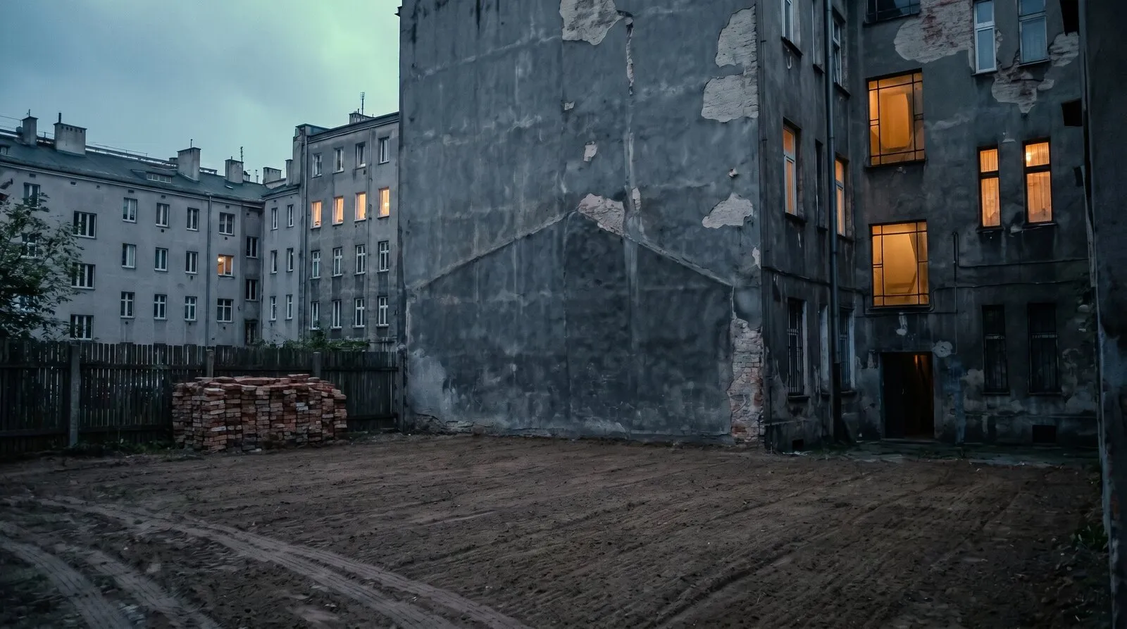 Uprzątnięty, wyrównany teren po rozbiórce, cegła ułożona na boku