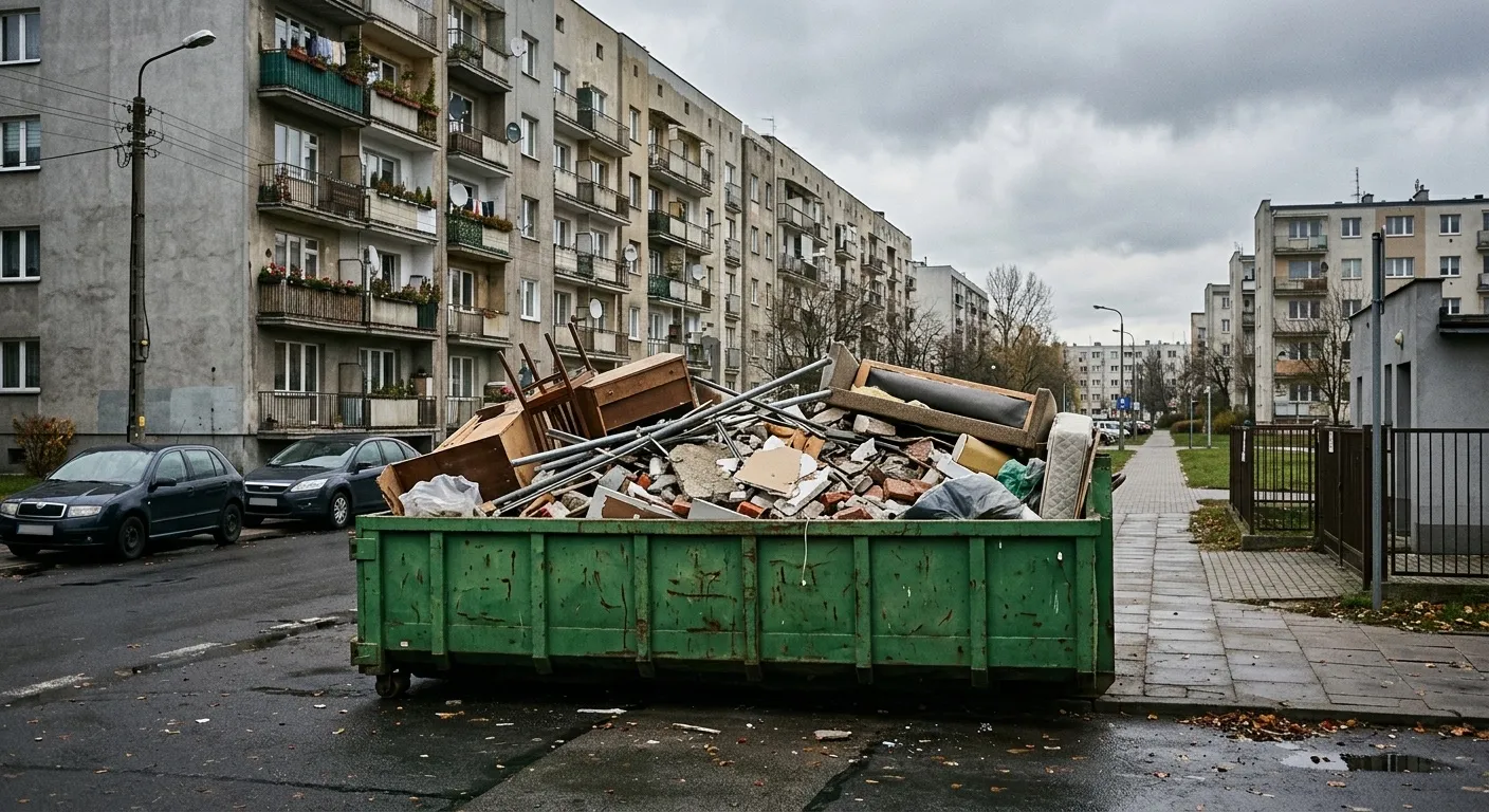 Kontener z gruzem po rozbiórce, gotowy do wywozu